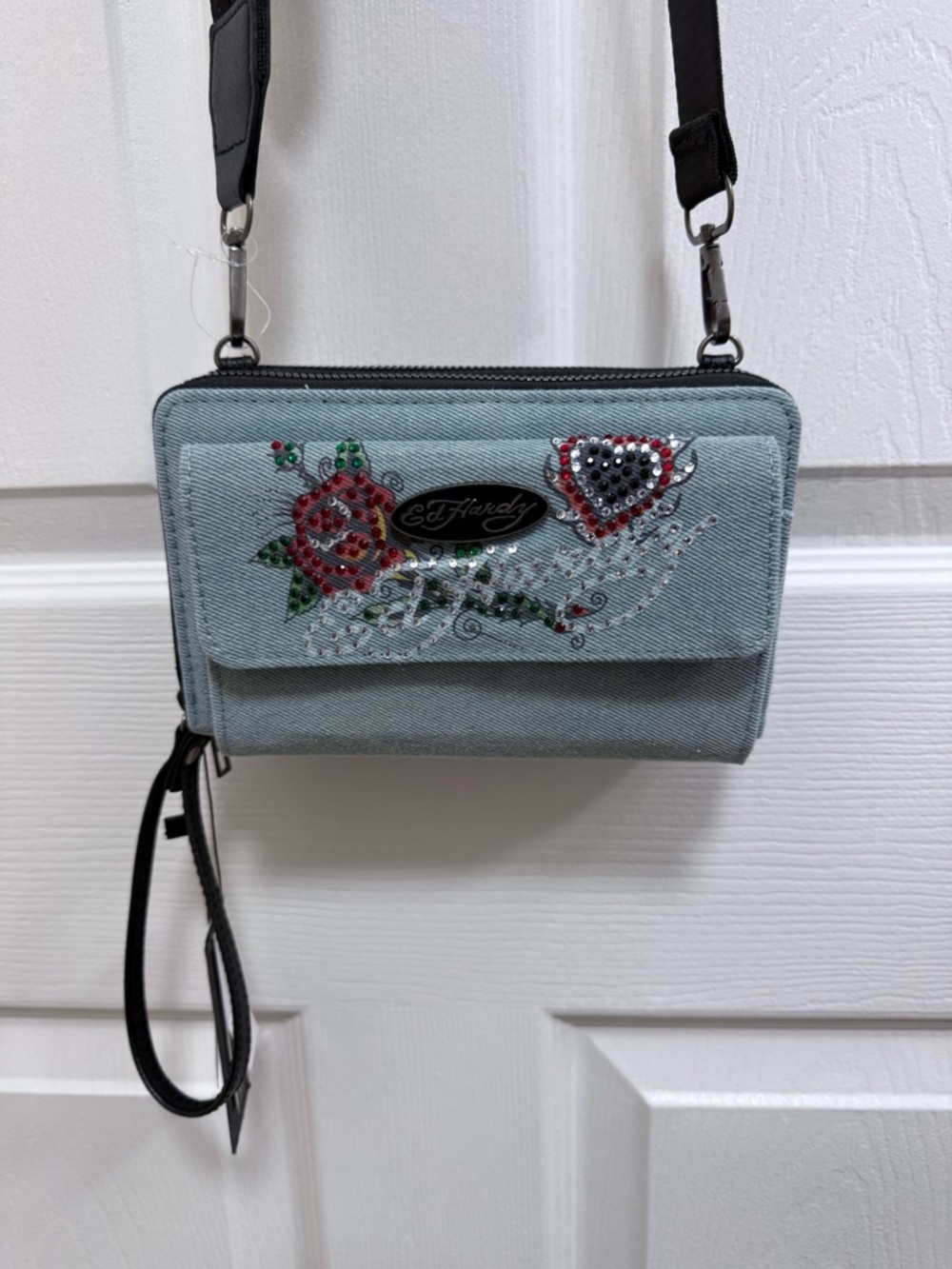NWT Ed Hardy Light Blue Denim Crossbody with Floral & Heart Embellishments